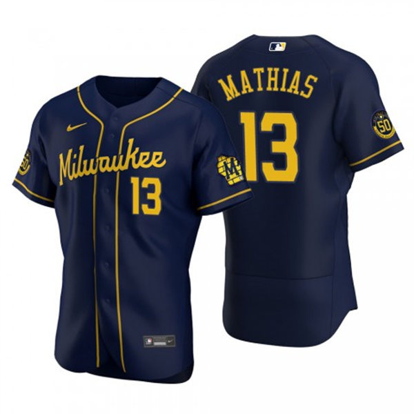 Mens Milwaukee Brewers #13 Mark Mathias Navy Alternate FlexBase Player Jersey