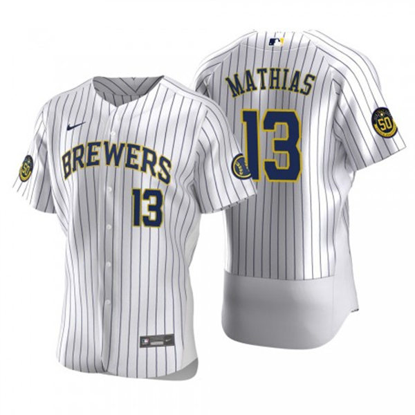 Mens Milwaukee Brewers #13 Mark Mathias White Pinstripe Alternate FlexBase Player Jersey