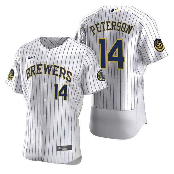 Mens Milwaukee Brewers #14 Jace Peterson Nike White Pinstripe Alternate FlexBase Jersey