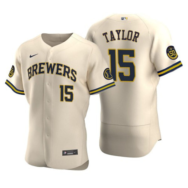 Mens Milwaukee Brewers #15 Tyrone Taylor Nike Cream Home FlexBase Jersey