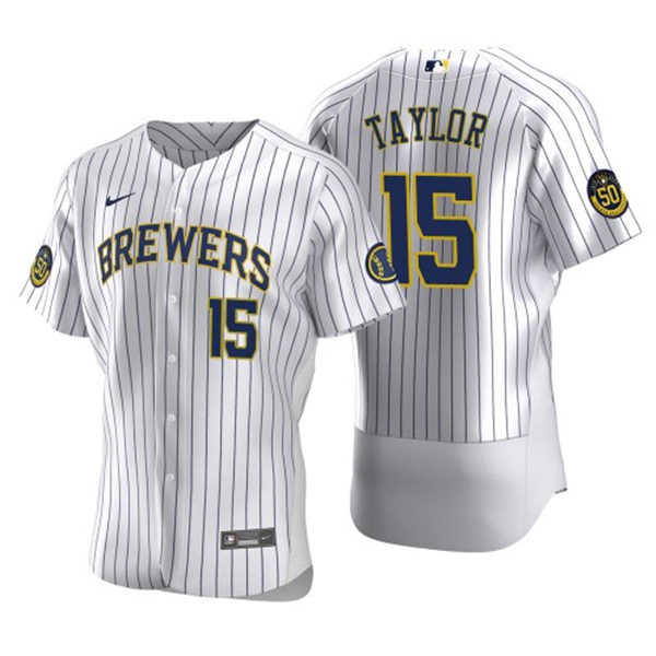 Mens Milwaukee Brewers #15 Tyrone Taylor Nike White Pinstripe Alternate FlexBase Jersey