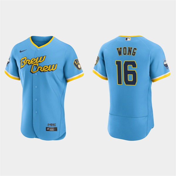 Mens Milwaukee Brewers #16 Kolten Wong Powder Blue 2022 City Connect Authentic Jersey
