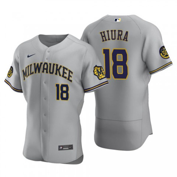 Mens Milwaukee Brewers #18 Keston Hiura Gray Road FlexBase Player Jersey