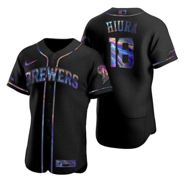Mens Milwaukee Brewers #18 Keston Hiura Nike Black Holographic Golden Edition Jersey