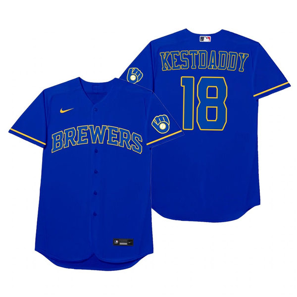Mens Milwaukee Brewers #18 Keston Hiura Nike Royal 2021 Players' Weekend Nickname Kestdaddy Jersey