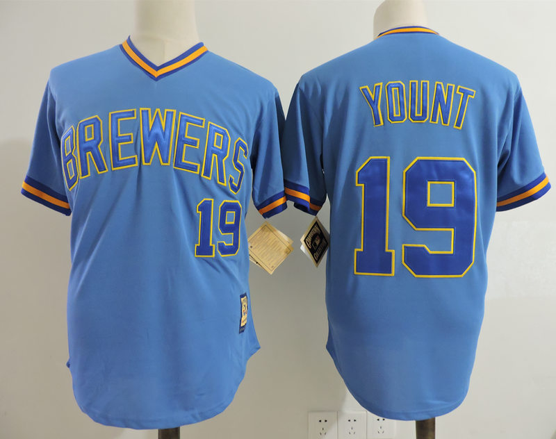 Mens Milwaukee Brewers #19 Robin Yount Royal Pullover Throwback Jersey