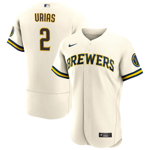 Mens Milwaukee Brewers #2 Luis Urias Cream Home FlexBase Player Jersey