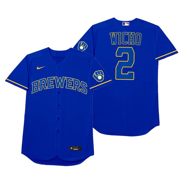 Mens Milwaukee Brewers #2 Luis Urias Nike Royal 2021 Players' Weekend Nickname Wicho Jersey