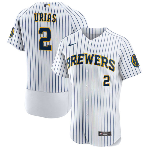 Mens Milwaukee Brewers #2 Luis Urias White Pinstripe Alternate FlexBase Player Jersey