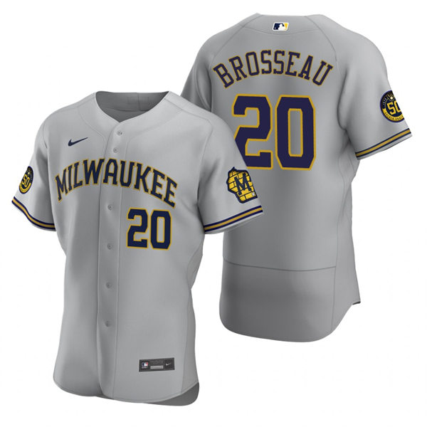 Mens Milwaukee Brewers #20 Mike Brosseau Gray Road FlexBase Player Jersey