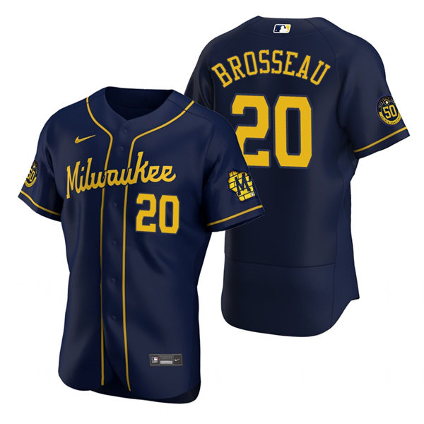Mens Milwaukee Brewers #20 Mike Brosseau Navy Alternate FlexBase Player Jersey