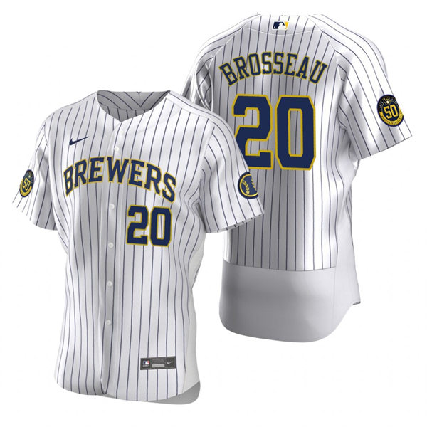Mens Milwaukee Brewers #20 Mike Brosseau White Pinstripe Alternate FlexBase Player Jersey