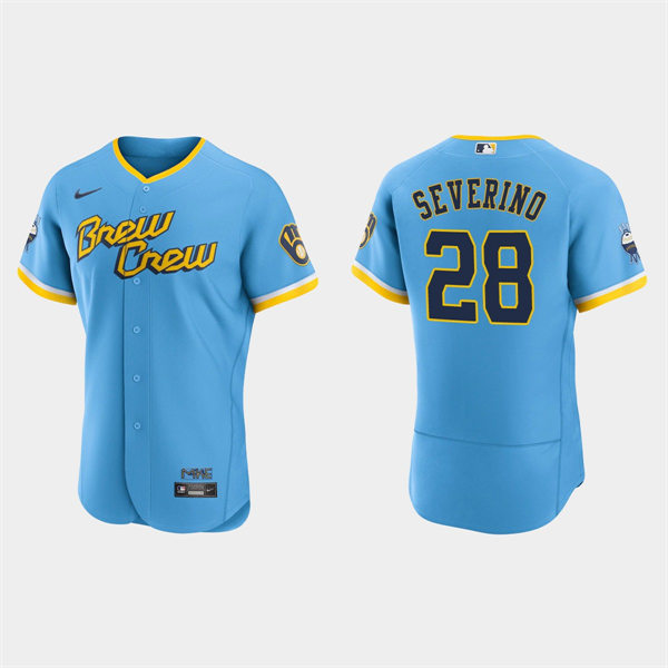 Mens Milwaukee Brewers #28 Pedro Severino 2022 City Connect Jersey Powder Blue