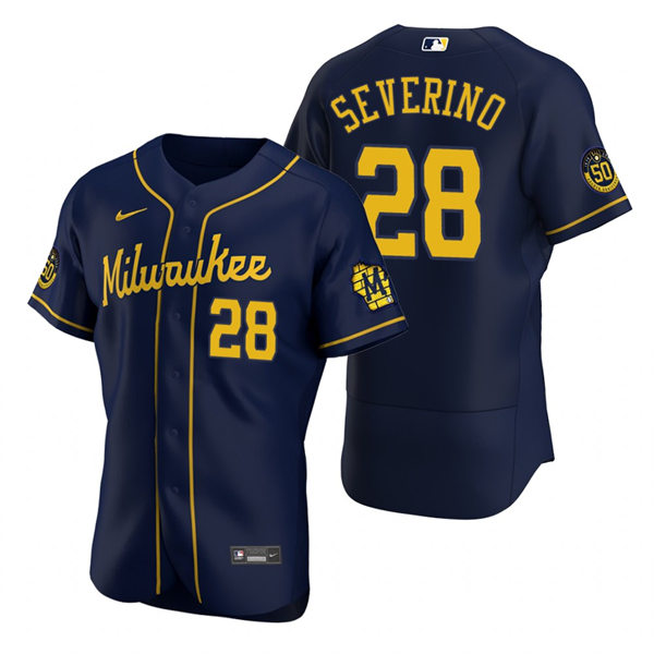 Mens Milwaukee Brewers #28 Pedro Severino Navy Alternate FlexBase Player Jersey