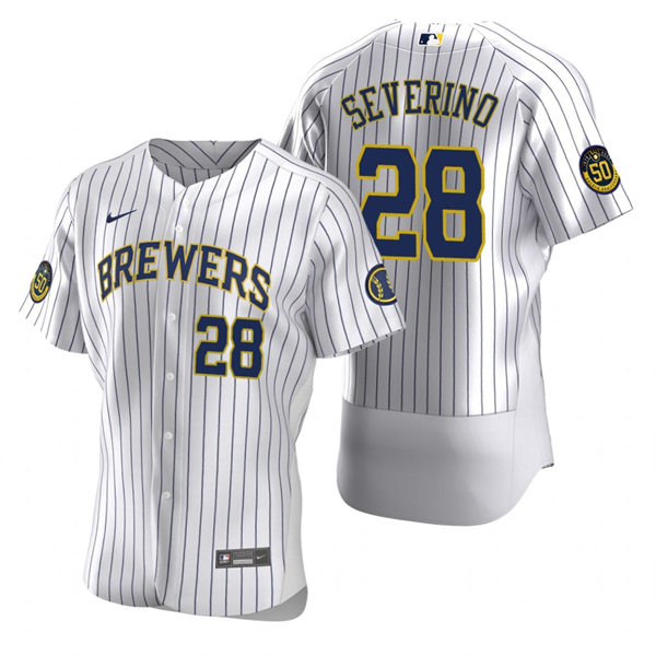 Mens Milwaukee Brewers #28 Pedro Severino White Pinstripe Alternate FlexBase Player Jersey