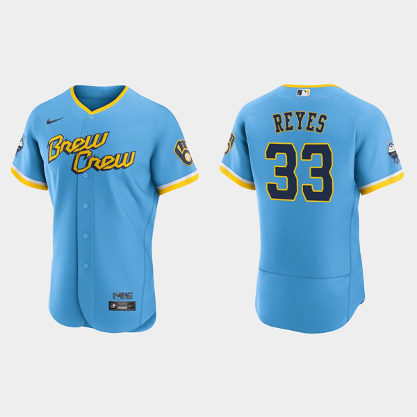 Mens Milwaukee Brewers #33 Pablo Reyes Powder Blue 2022 City Connect Authentic Jersey