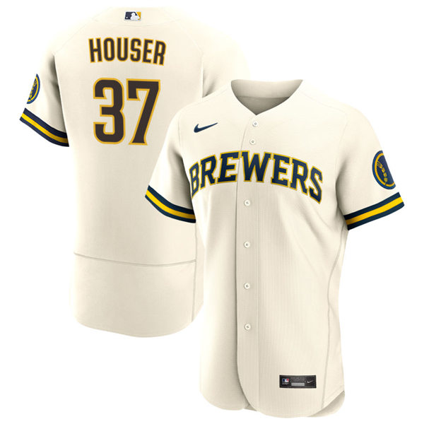 Mens Milwaukee Brewers #37 Adrian Houser Cream Home FlexBase Player Jersey