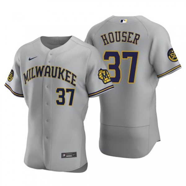 Mens Milwaukee Brewers #37 Adrian Houser Gray Road FlexBase Player Jersey