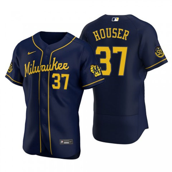 Mens Milwaukee Brewers #37 Adrian Houser Navy Alternate FlexBase Player Jersey