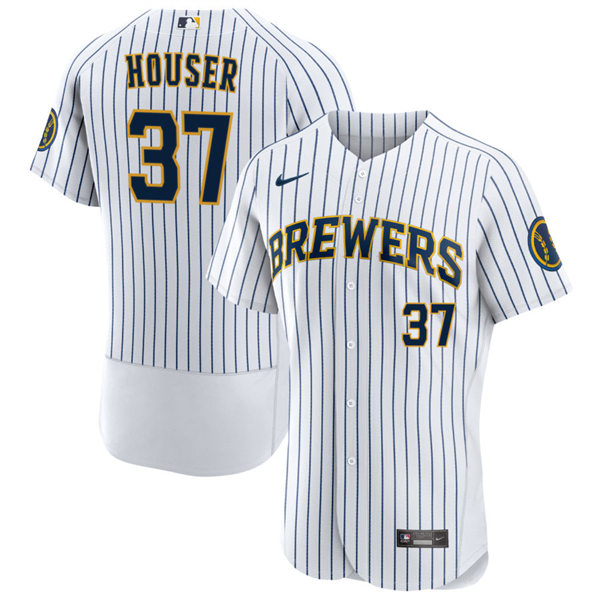 Mens Milwaukee Brewers #37 Adrian Houser White Pinstripe Alternate FlexBase Player Jersey