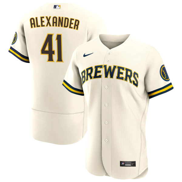 Mens Milwaukee Brewers #41 Jason Alexander Cream Home FlexBase Player Jersey