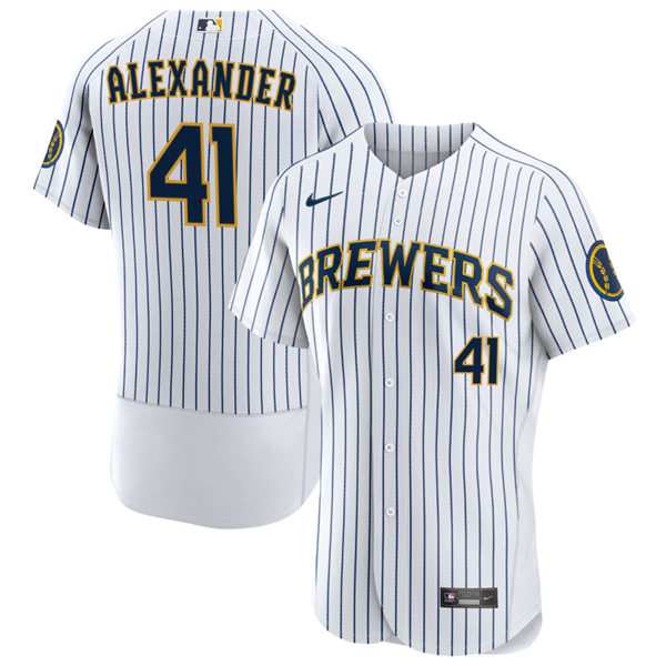 Mens Milwaukee Brewers #41 Jason Alexander White Pinstripe Alternate FlexBase Player Jersey