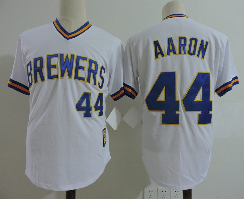 Mens Milwaukee Brewers #44 Hank Aaron 1975 White Pullover Cooperstown Throwback Jersey