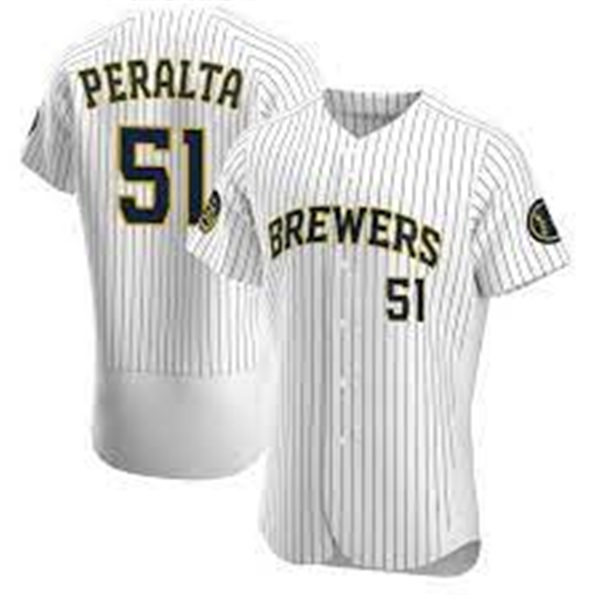 Mens Milwaukee Brewers #51 Freddy Peralta Nike White Pinstripe Alternate FlexBase Jersey