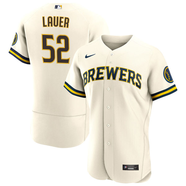 Mens Milwaukee Brewers #52 Eric Lauer Cream Home FlexBase Player Jersey