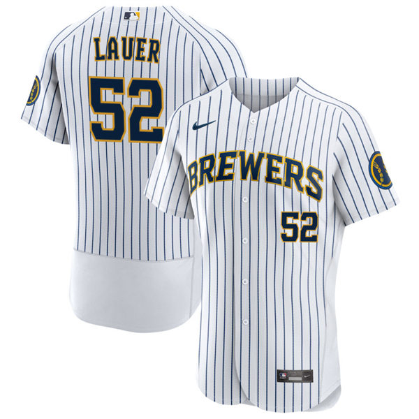 Mens Milwaukee Brewers #52 Eric Lauer White Pinstripe Alternate FlexBase Player Jersey
