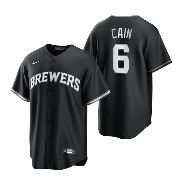 Mens Milwaukee Brewers #6 Lorenzo Cain Nike 2021 Black Stitched Fashion Jersey