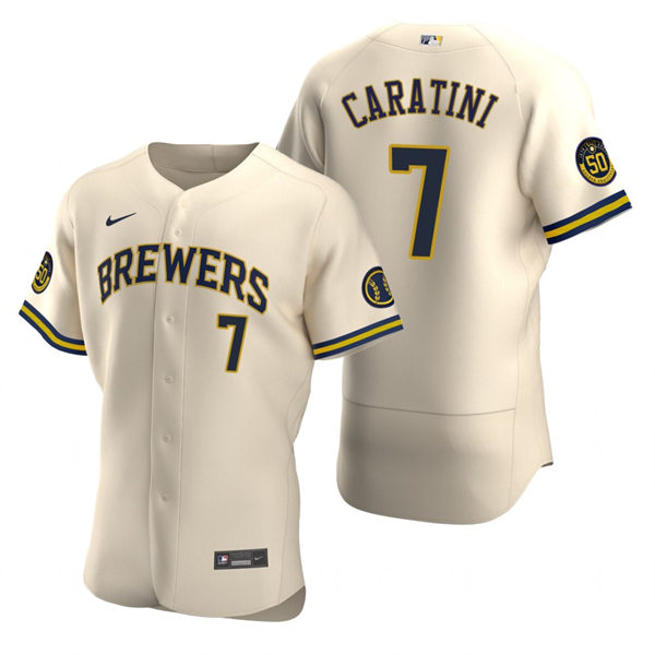 Mens Milwaukee Brewers #7 Victor Caratini Cream Home FlexBase Player Jersey