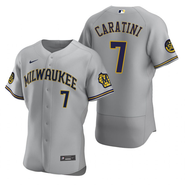 Mens Milwaukee Brewers #7 Victor Caratini Gray Road FlexBase Player Jersey