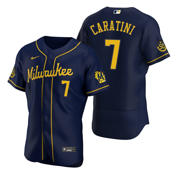 Mens Milwaukee Brewers #7 Victor Caratini Navy Alternate FlexBase Player Jersey