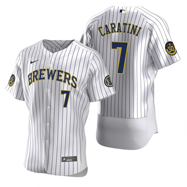 Mens Milwaukee Brewers #7 Victor Caratini White Pinstripe Alternate FlexBase Player Jersey