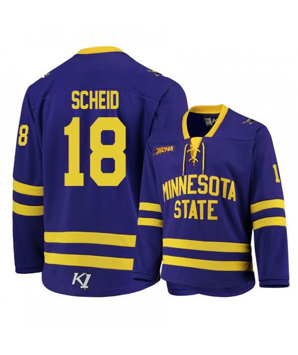 Mens Minnesota State Mavericks #18 Ian Scheid Gemini Purple College Hockey Jersey 