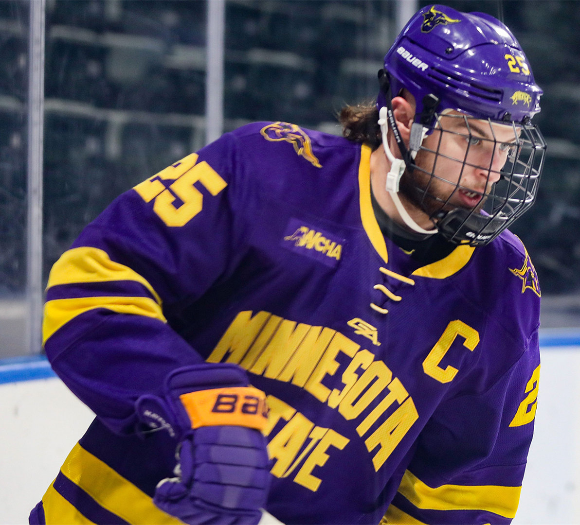 Mens Minnesota State Mavericks #25 Riese Zmolek Gemini Purple College Hockey Jersey