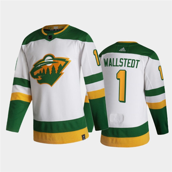 Mens Minnesota Wild #1 Jesper Wallstedt Adidas White 2021 NHL Reverse Retro Jersey Stitched