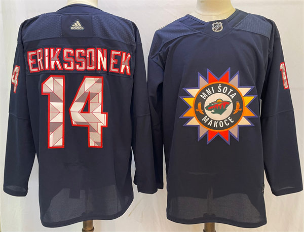 Mens Minnesota Wild #14 Joel Eriksson Ek Navy 2021-22 Native American Heritage Day Jersey Stitched