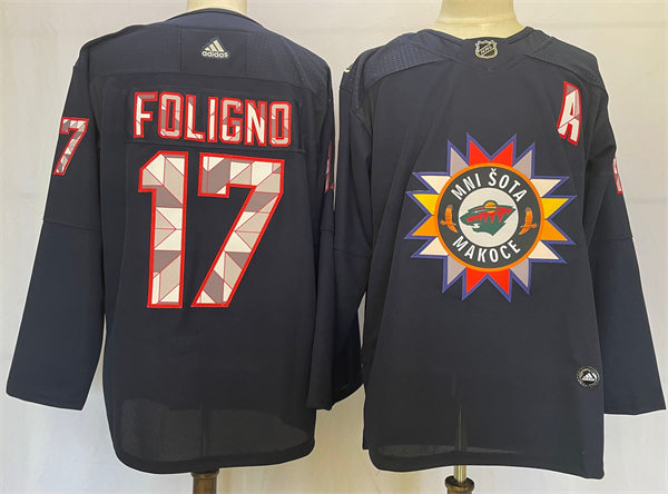 Mens Minnesota Wild #17 Marcus Foligno Navy 2021-22 Native American Heritage Day Jersey Stitched