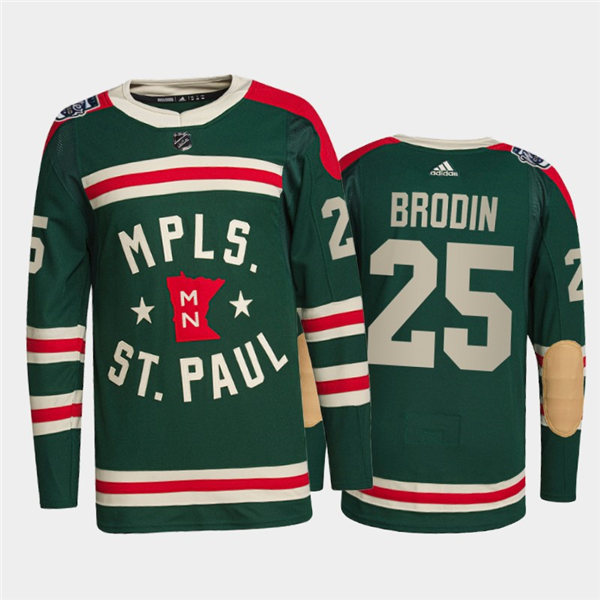 Mens Minnesota Wild #25 Jonas Brodin Adidas Green 2022 Winter Classic State of Hockey Jersey Stitched
