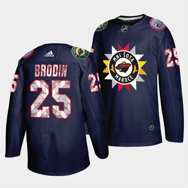 Mens Minnesota Wild #25 Jonas Brodin Navy 2021-22 Native American Heritage Day Jersey Stitched