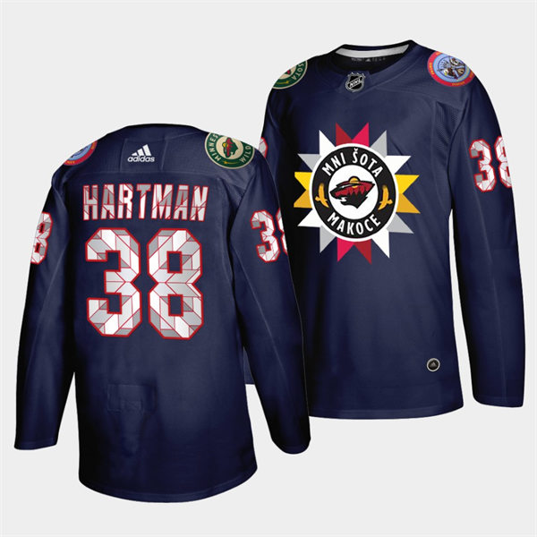 Mens Minnesota Wild #38 Ryan Hartman Navy 2021-22 Native American Heritage Day Jersey Stitched