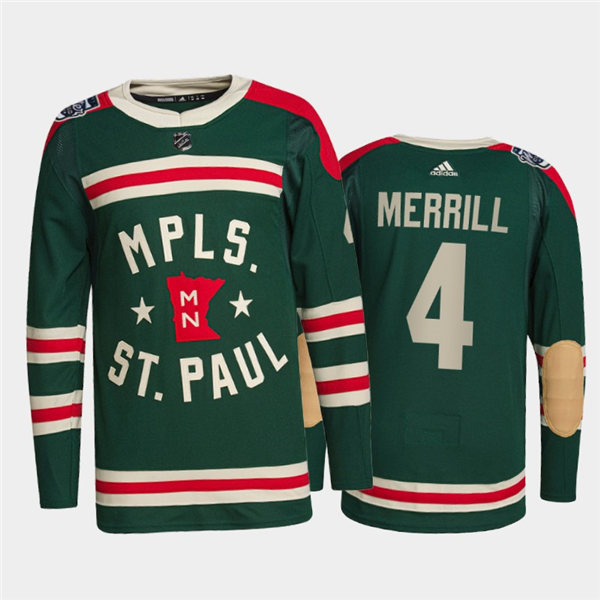 Mens Minnesota Wild #4 Jon Merrill Adidas Green 2022 Winter Classic State of Hockey Jersey Stitched