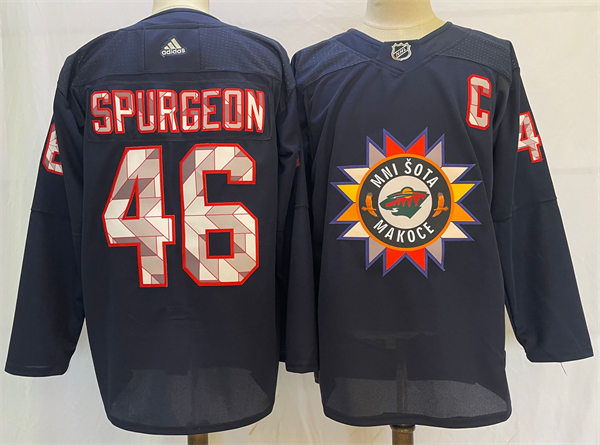 Mens Minnesota Wild #46 Jared Spurgeon Navy 2021-22 Native American Heritage Day Jersey Stitched