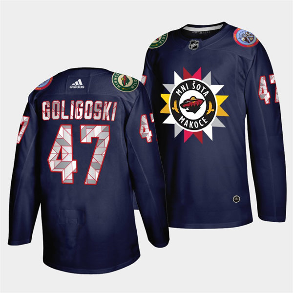 Mens Minnesota Wild #47 Alex Goligoski Navy 2021-22 Native American Heritage Day Jersey Stitched