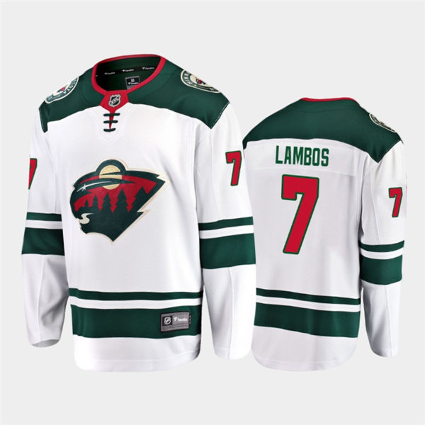 Mens Minnesota Wild #7 Carson Lambos Adidas Away White NHL Jersey Stitched