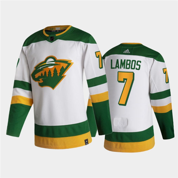 Mens Minnesota Wild #7 Carson Lambos Adidas White 2021 NHL Reverse Retro Jersey Stitched