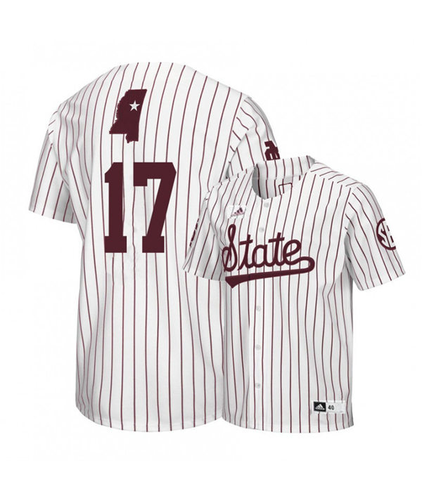 Mens Mississippi State Bulldogs # 17 Justin Foscue 2018 White Pinstripe State Adidas College Baseball Game Jersey
