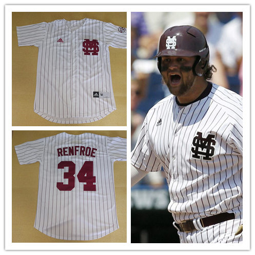 Mens Mississippi State Bulldogs Custom 2012-17 White Pinstripe MS Adidas Full-button Baseball Jersey